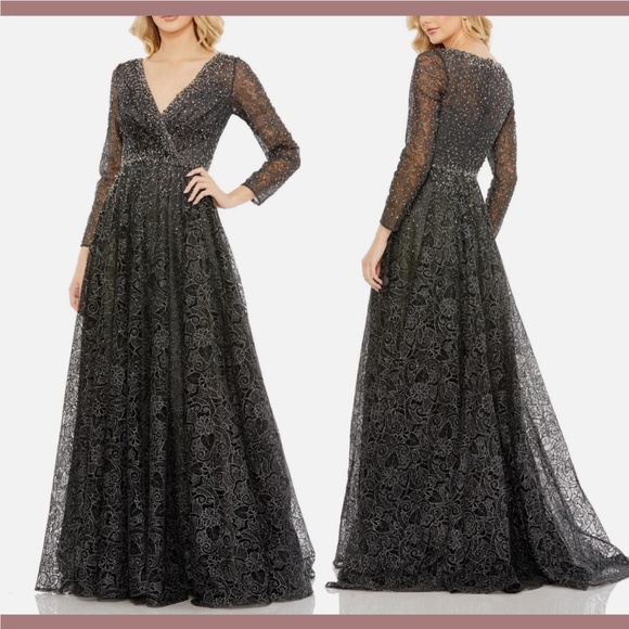 NWT $798 Mac‎ Duggal [ 8 ] Embellished Long Sleeve V Neck Gown in Graphite - Picture 1 of 15